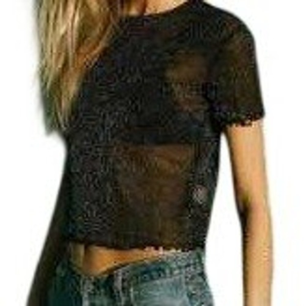 Brandy Melville Sheer Black Glitter Mesh Lettuce Edge Y2K Cropped Tee One Size